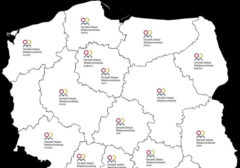 Mapka województw z zaznaczonymi Regionalnymi Ośrodkami Debaty Międzynarodowej